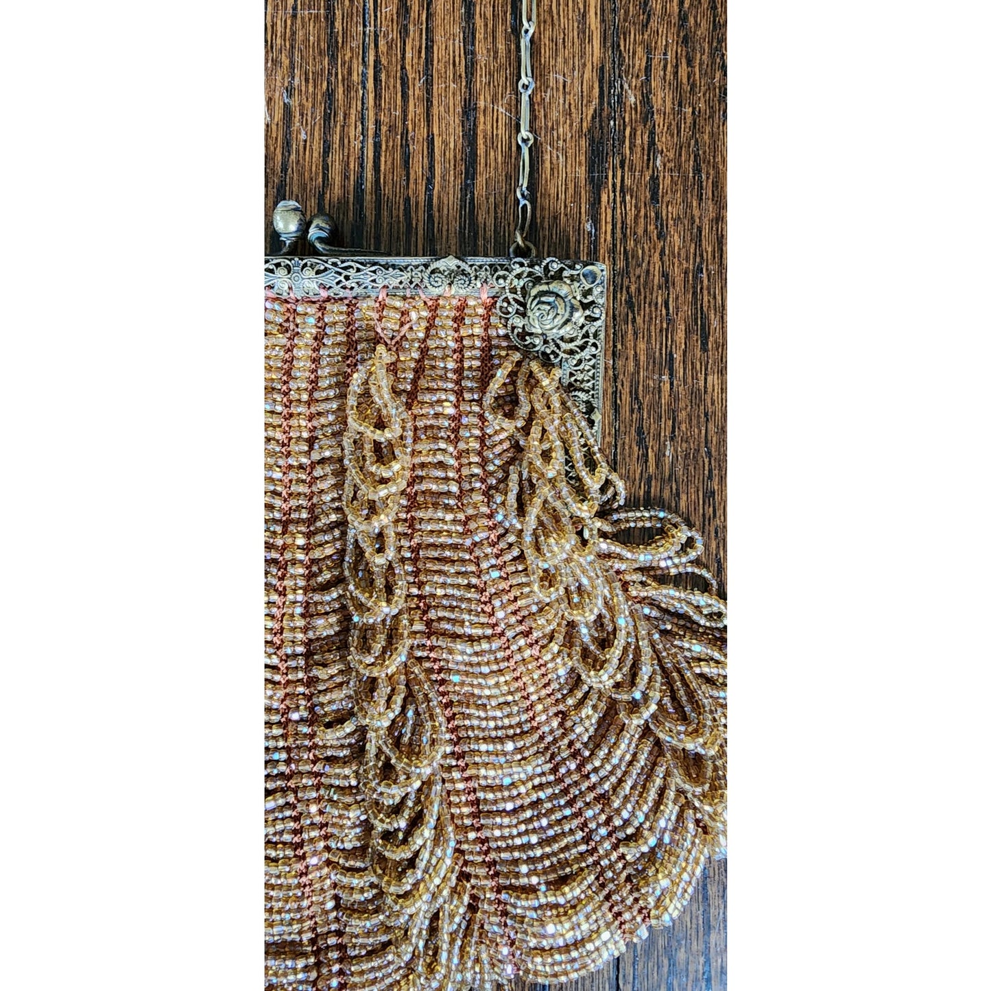 Vintage 1910s Glass Bead Bag Copper Looped Fringe France