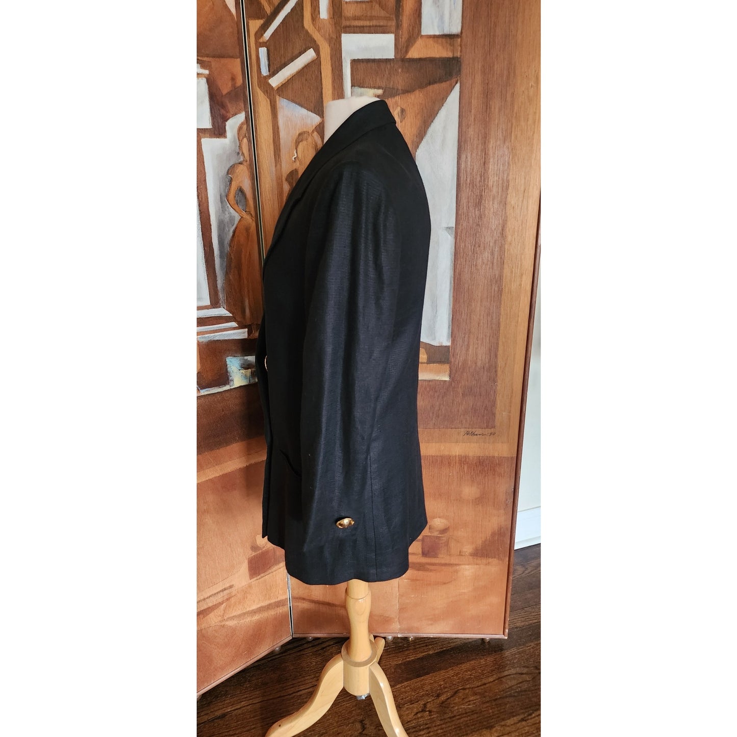 Vintage 80s GENNY Blazer Black Linen Jacket Hip Length Double Breasted Gold Buttons / M