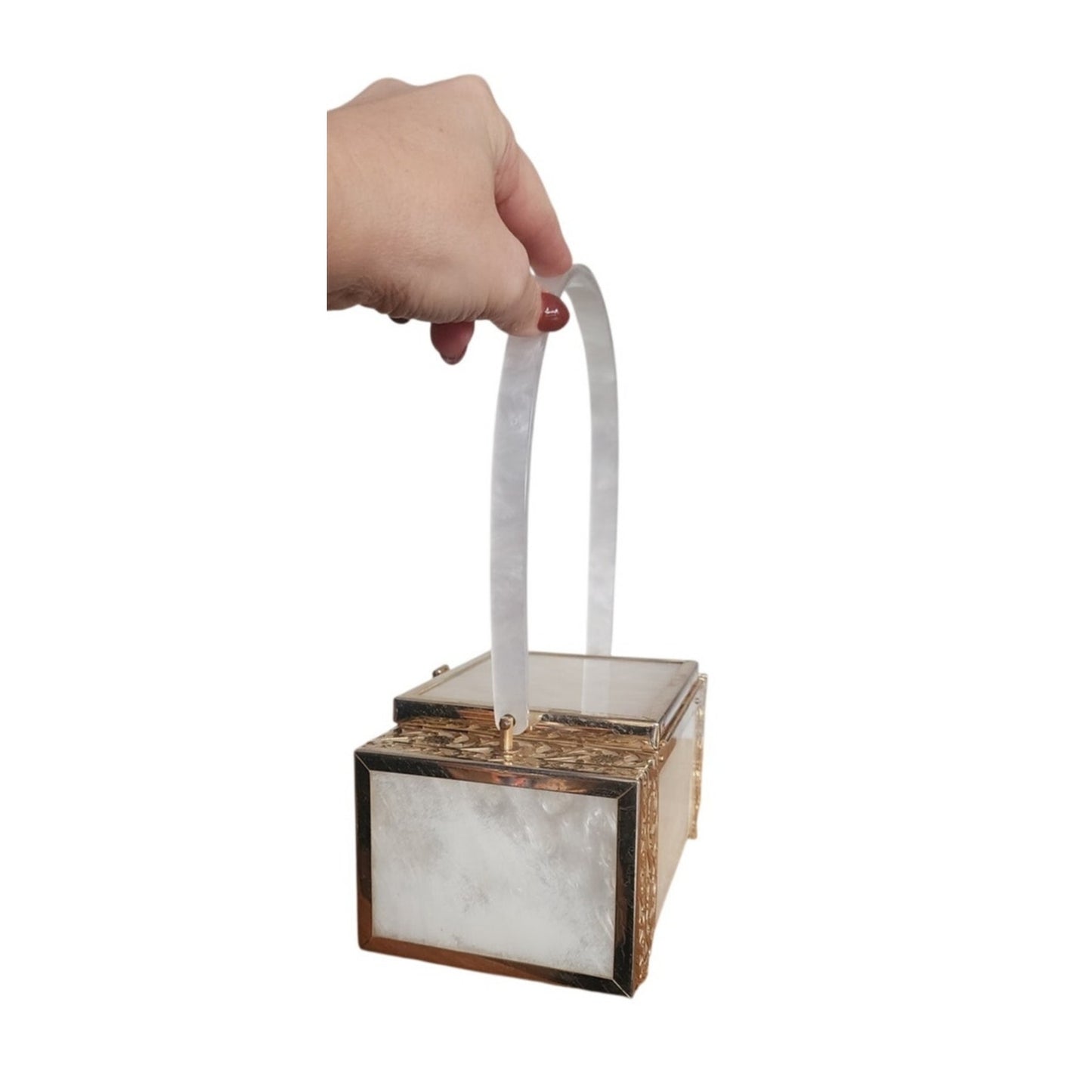 Vintage 50s TYROLEAN NY Lucite Box Bag Pearl White Silver Filigree Art Deco