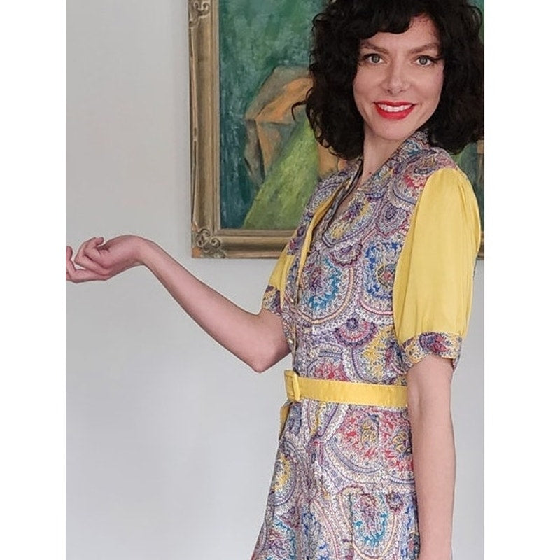 40s Saybury Paisley Rayon 2 Pc Dress &amp; Jacket Set with Yellow Sleeves &amp; Belt