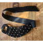 Leather Shop Belt Black Leather Studded Asymmetric Front Elastic Waist Gold Tone