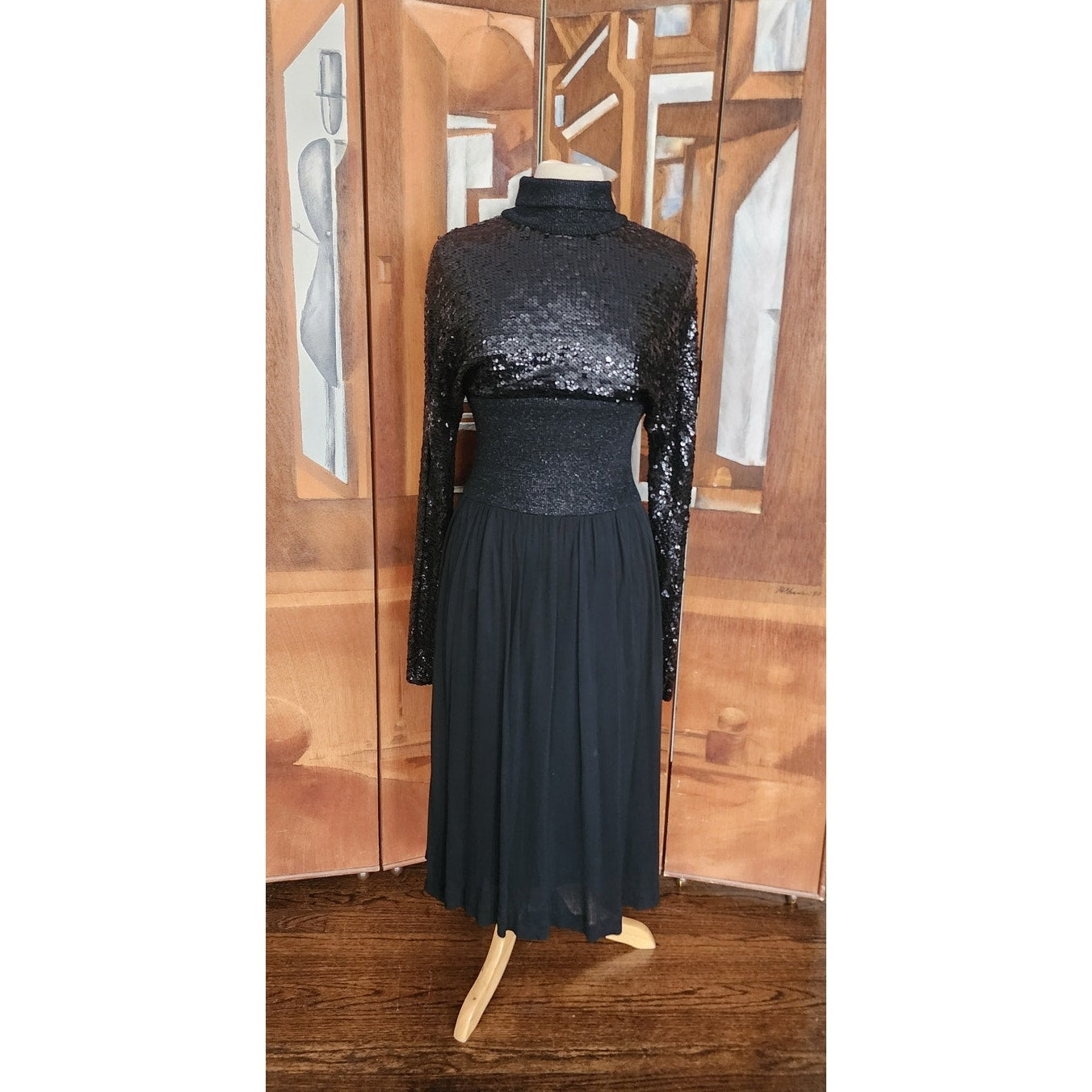 Vintage 70s Pat Sandler Dress Black Sequins, Lurex, Silk Dressy Evening Long Sleeved