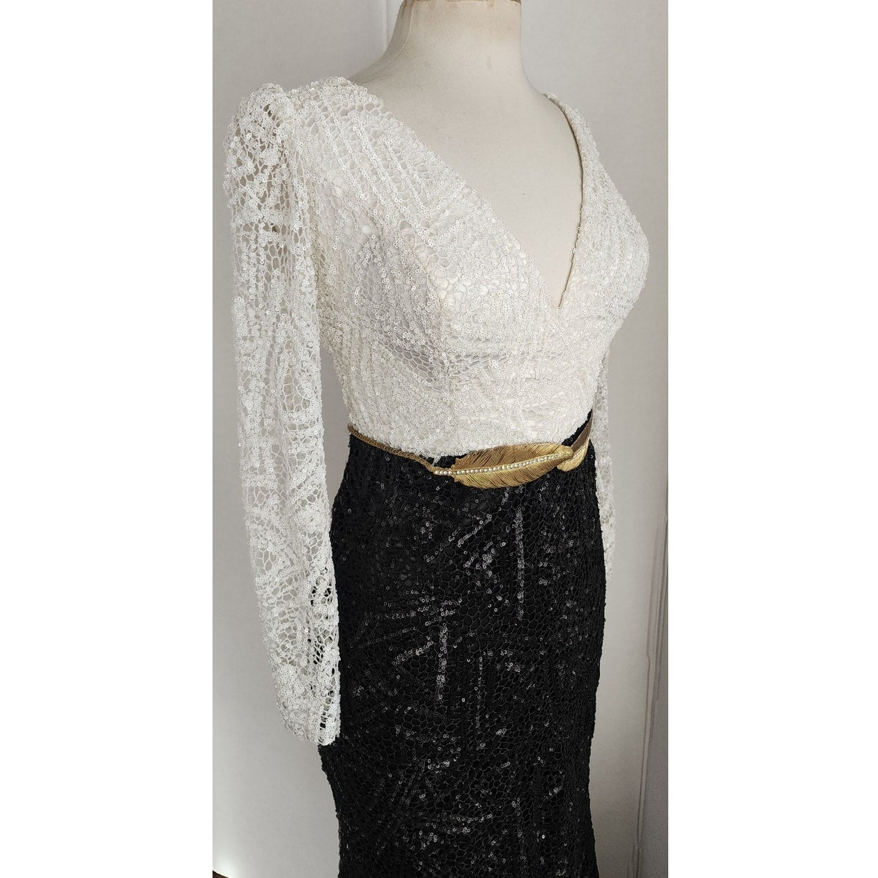 Vintage Evening Gown White Black Sequins Gold Leaf Belt w/Rhinestones