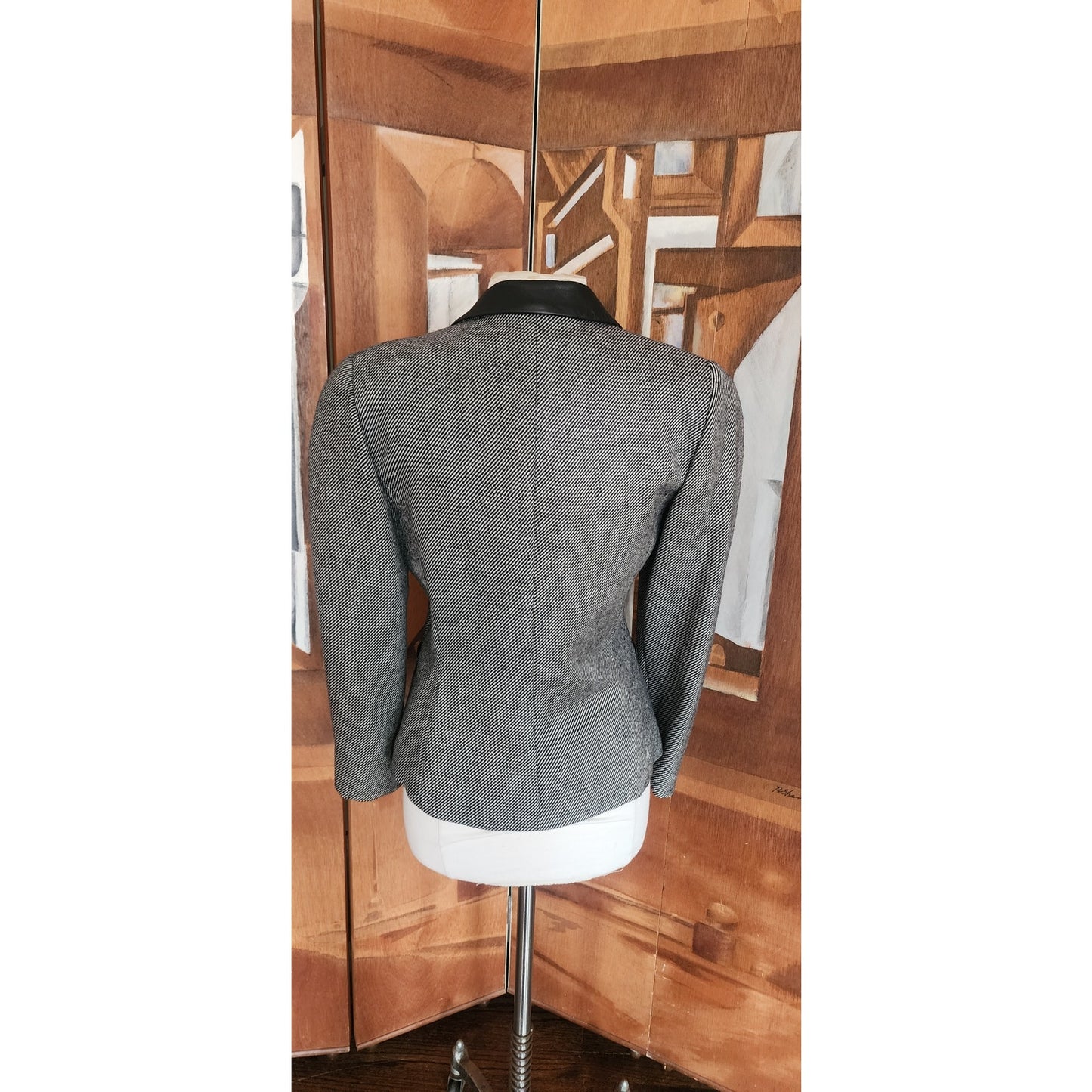 Vintage 80s GUY LAROCHE Gray Tweed Blazer Black Leather Collar / M