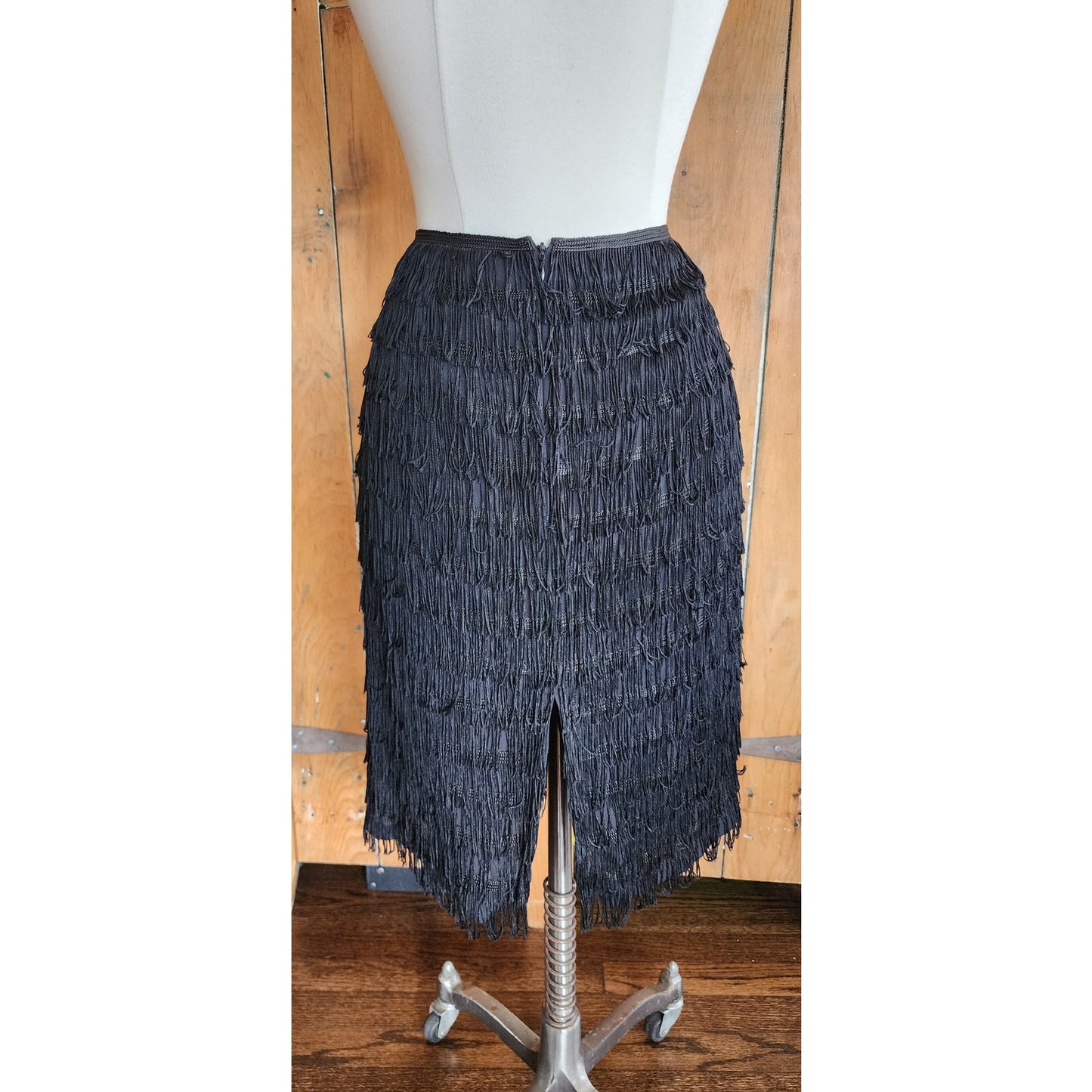 Vintage Y2K Black Fringed Skirt Knee Length Trina Turk