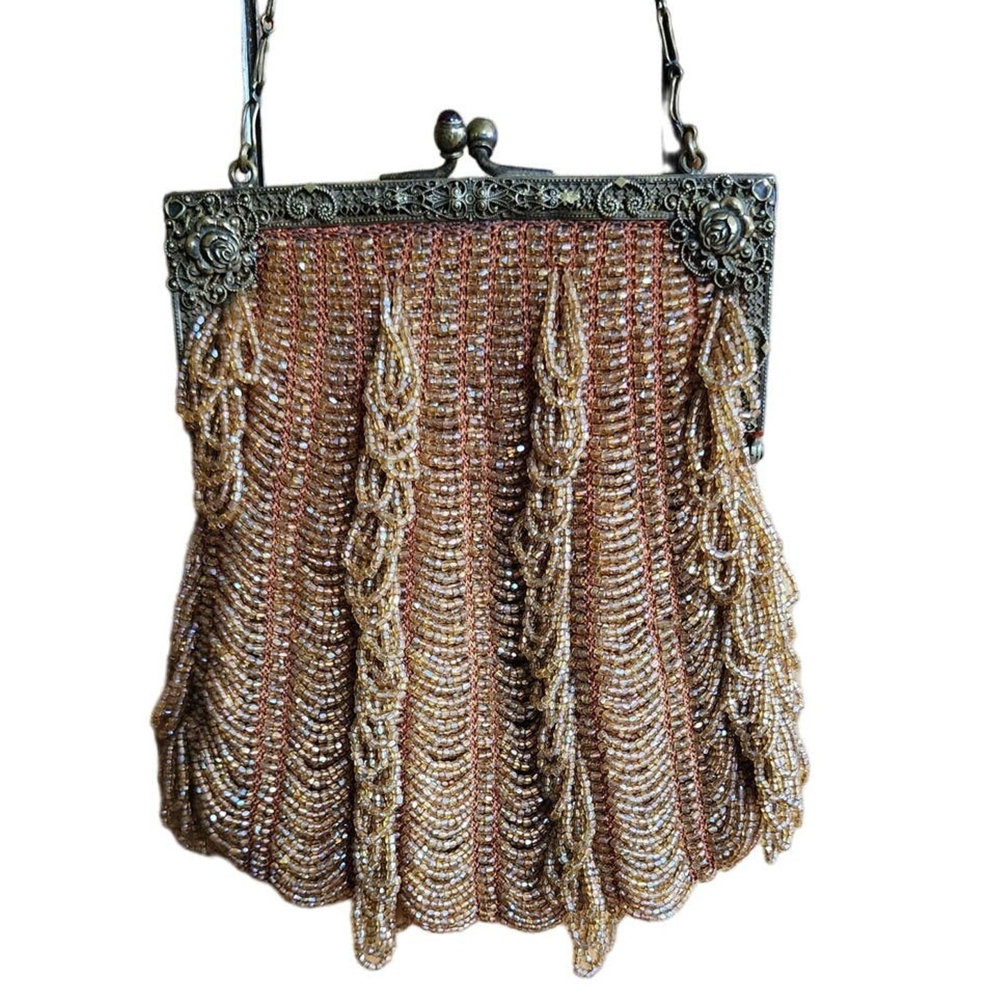 Vintage 1910s Glass Bead Bag Copper Looped Fringe France