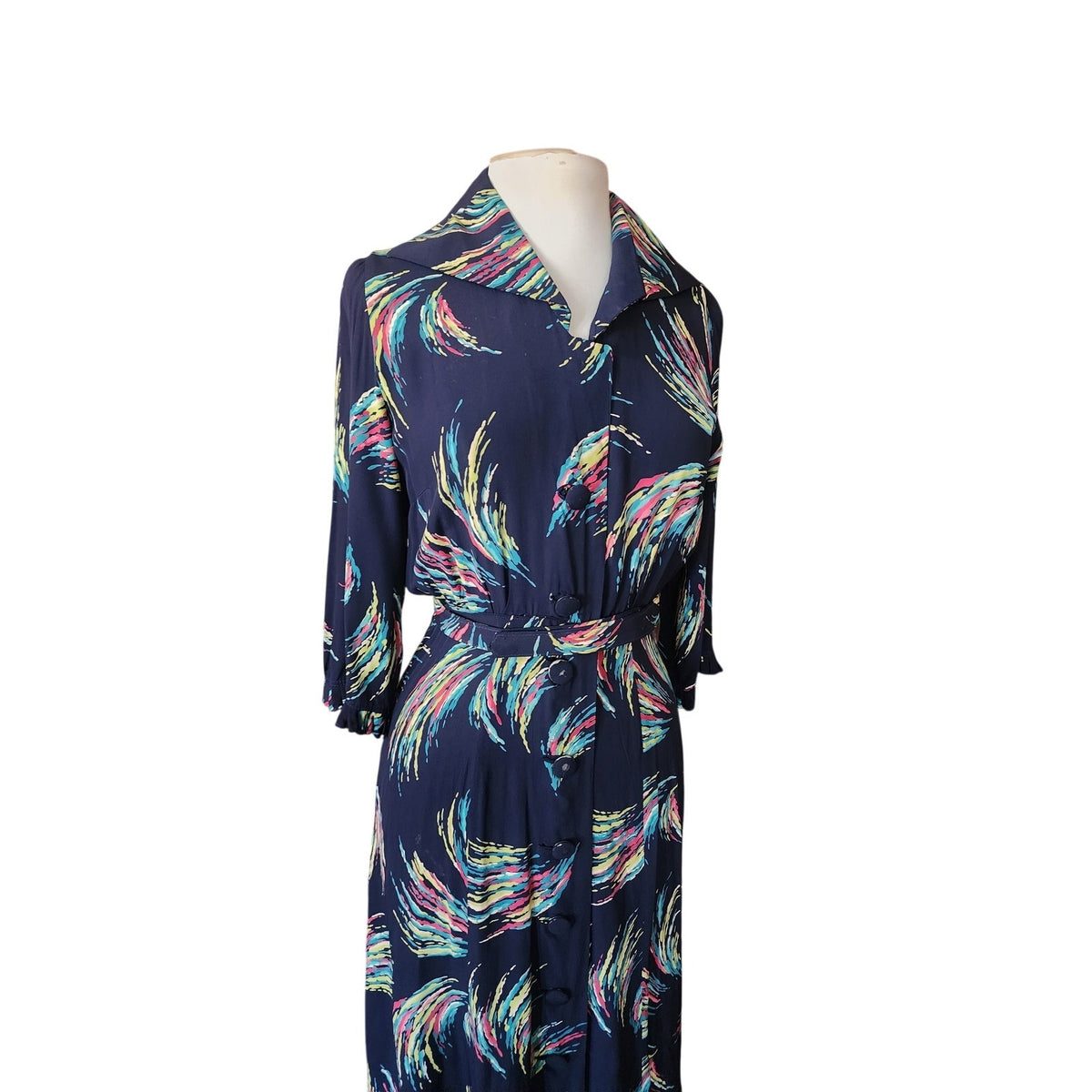 Vintage 1940s Dress Blue Rayon Novelty Print Midi Button Down Belted Shirtdress