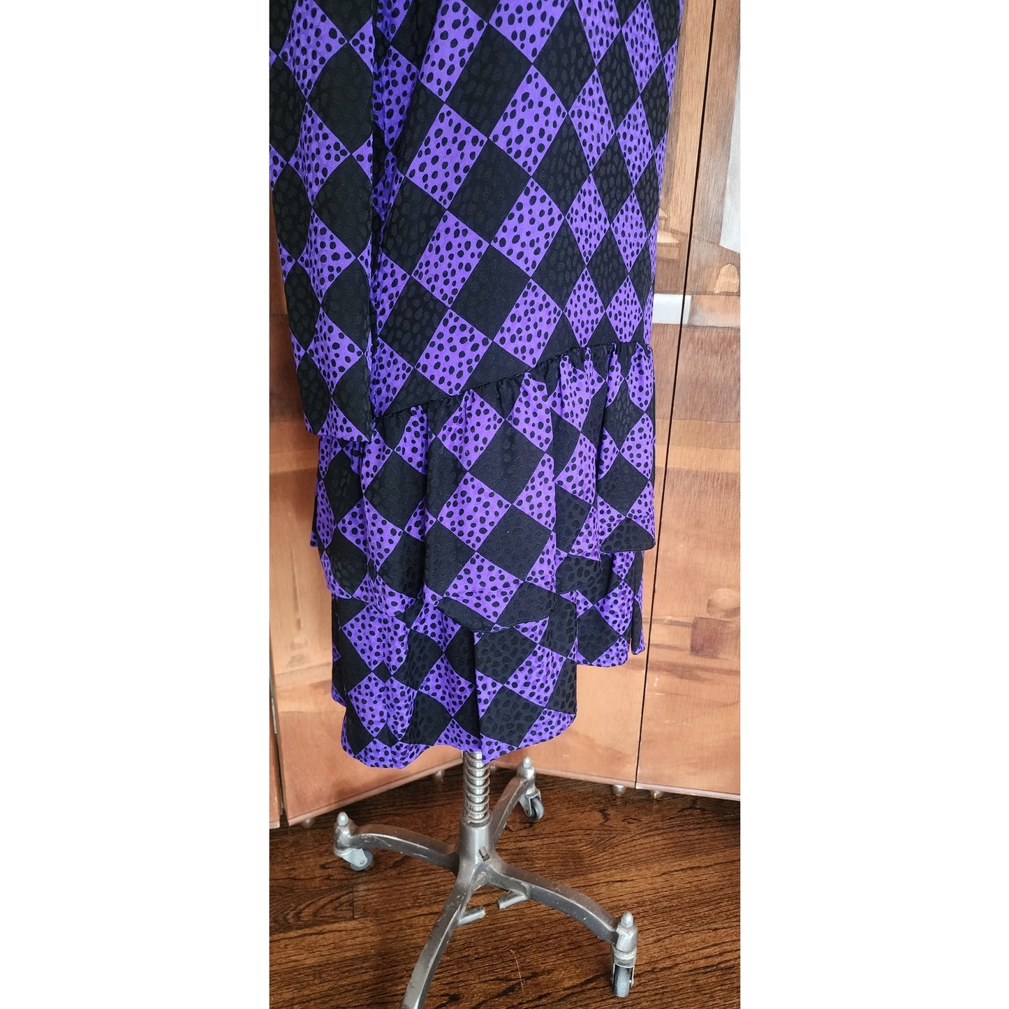 Vintage 80s GIVENCHY Silkprint Dress Purple Black Harlequin Diamonds Long Sleeved