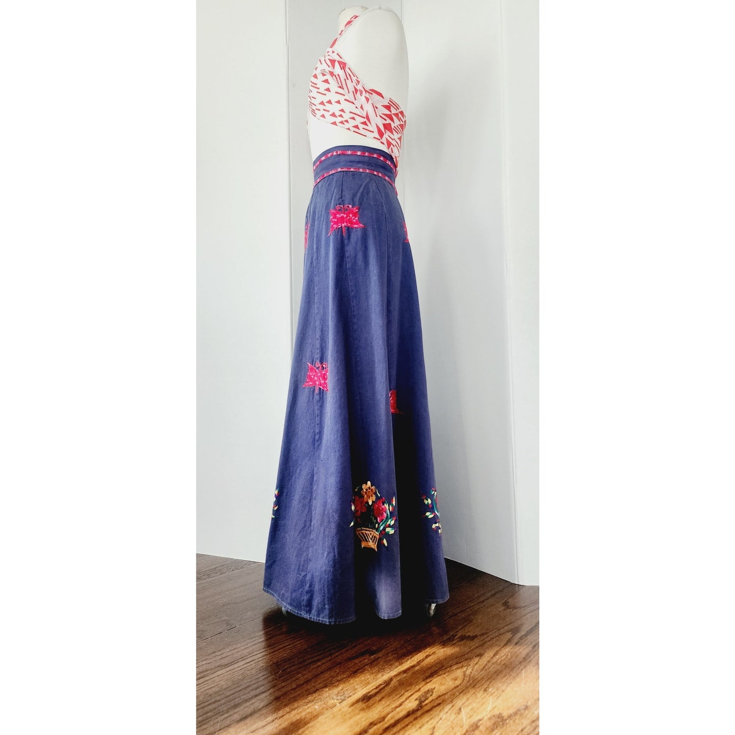 Vintage 70s Maxi Skirt Dark Wash Denim Butterfly Floral Embroidery