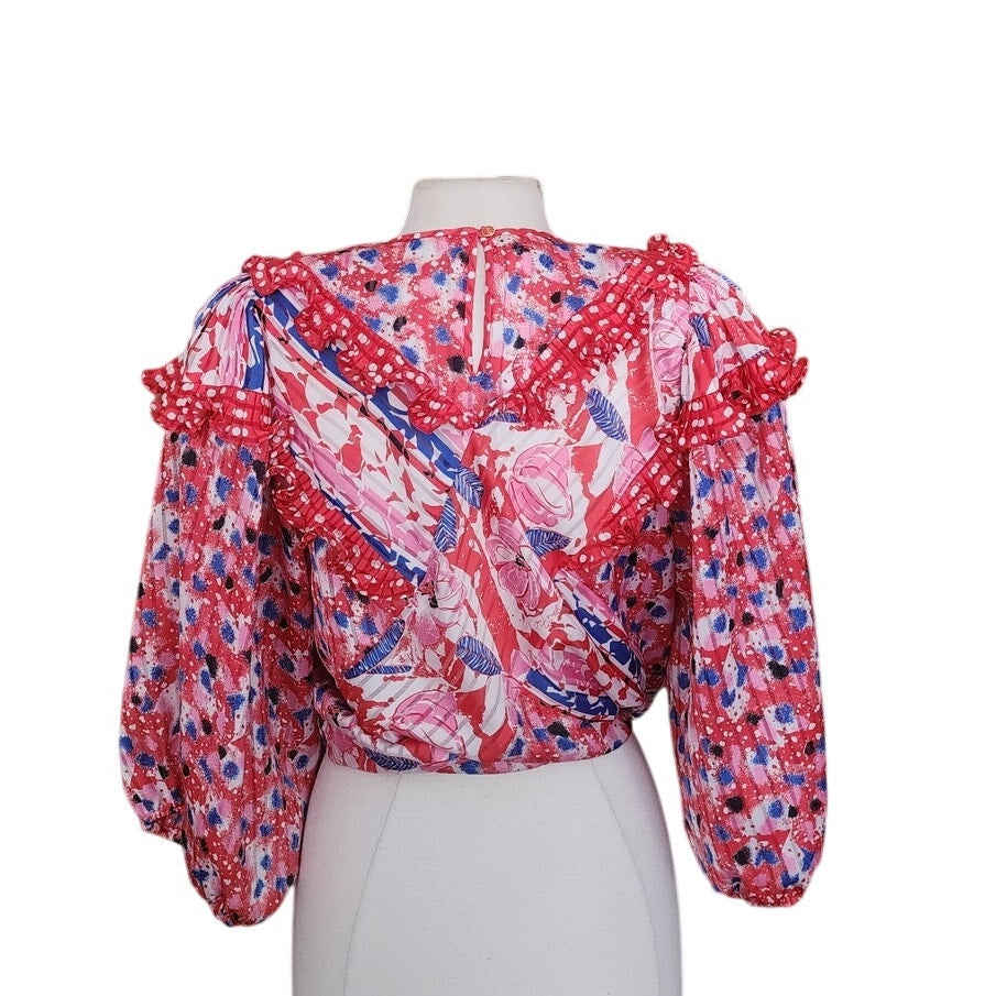 Vintage 80s Diane Freis Blouse Bold Print Poly Georgette Ruffles Pink Red
