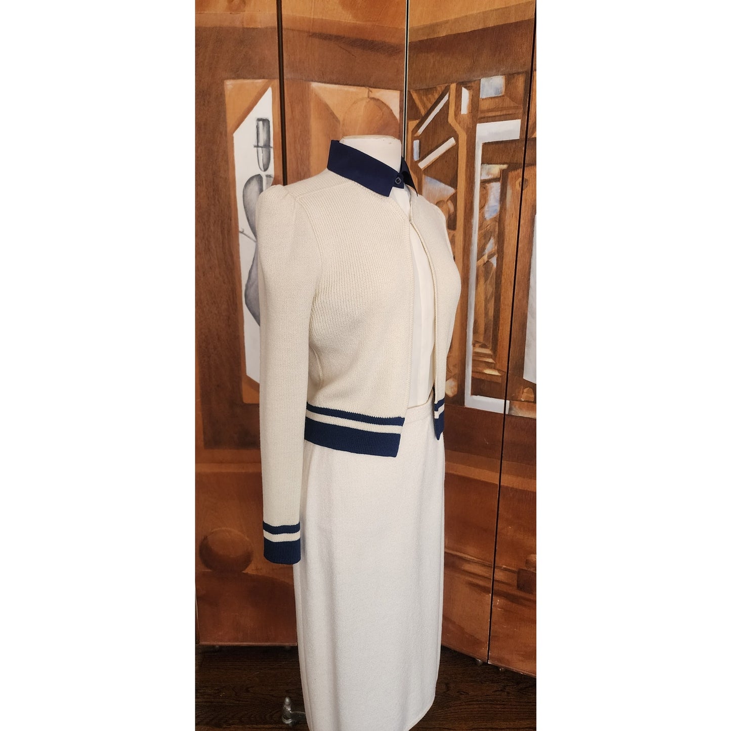 Vintage 70s St John Knit Skirt Suit + Blouse Three Piece Set Cream Navy Blue