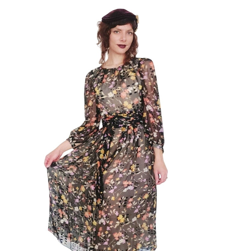 Vintage 1970s Dark Floral Print Dress Gauzy Maxi Sash Tie Belt