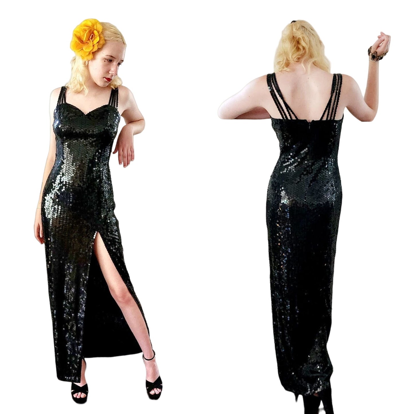Vintage 90s Sequined Party Dress Black Sleeveless Niteline Della Roufagoli