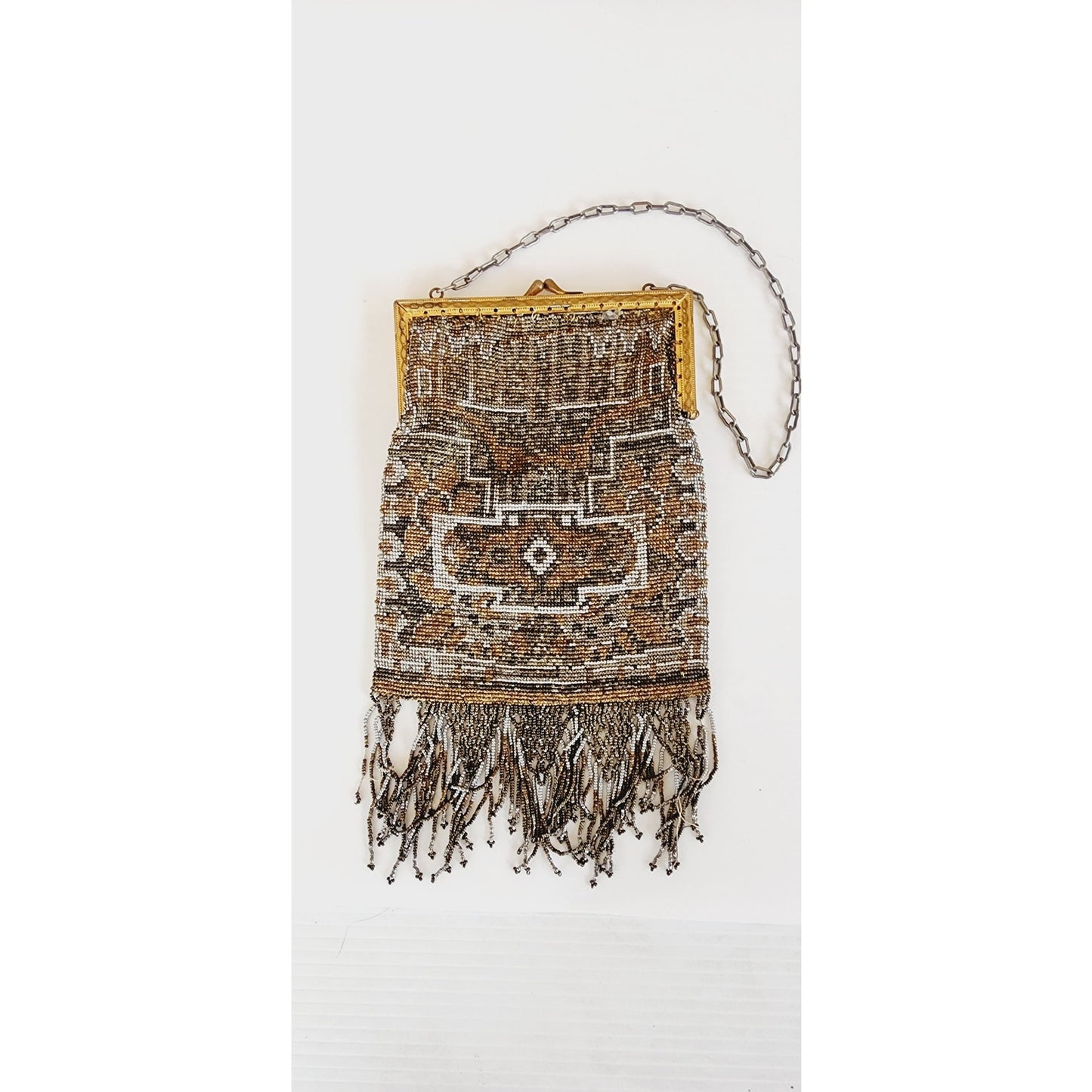 Edwardian Evening Bag Silver Gold Beading Fringe Dressy Purse