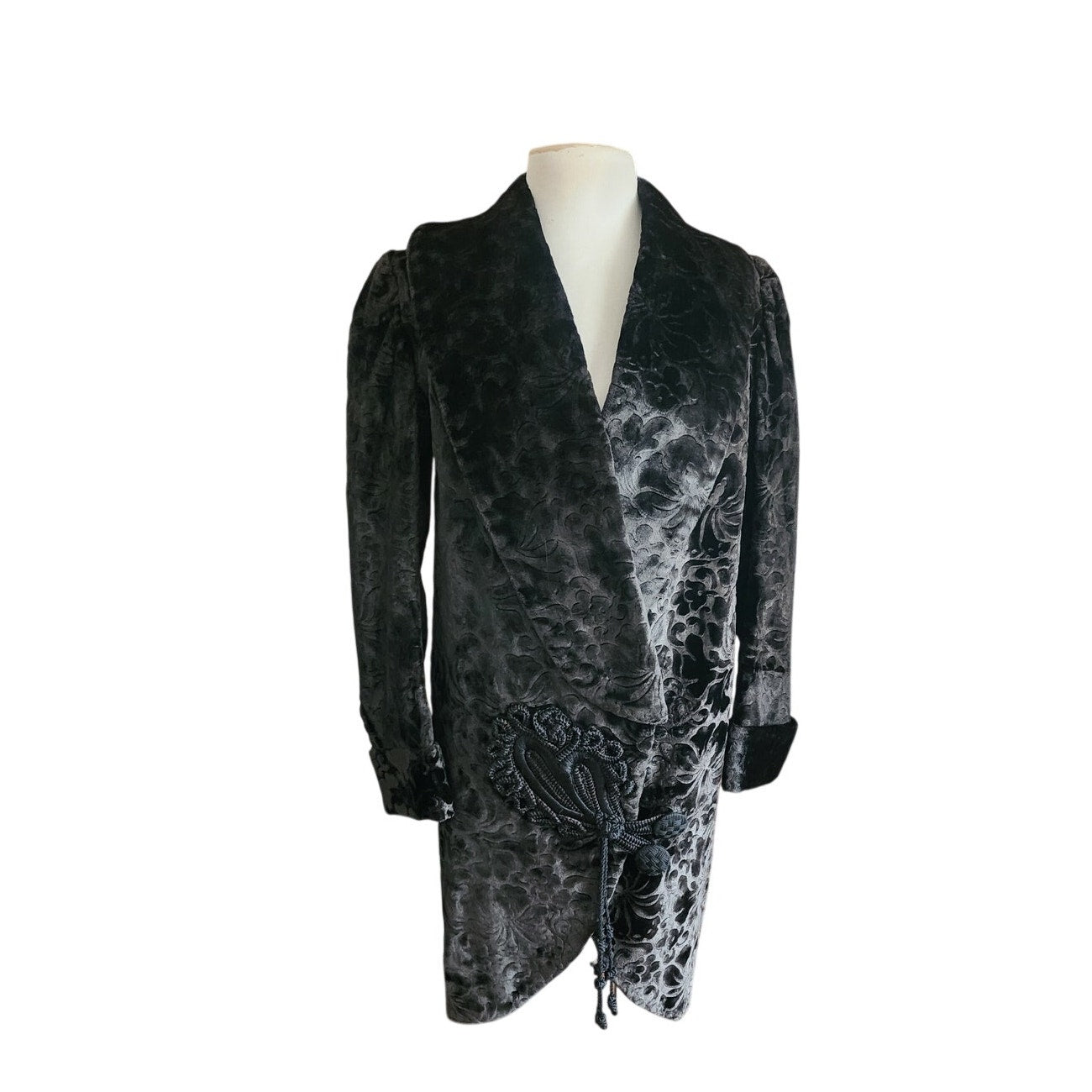 Antique 1910s 20s Edwardian Art Deco Black Textured Silk Velvet Opera Coat Frock Jacket with Silk Chord Knot Closure