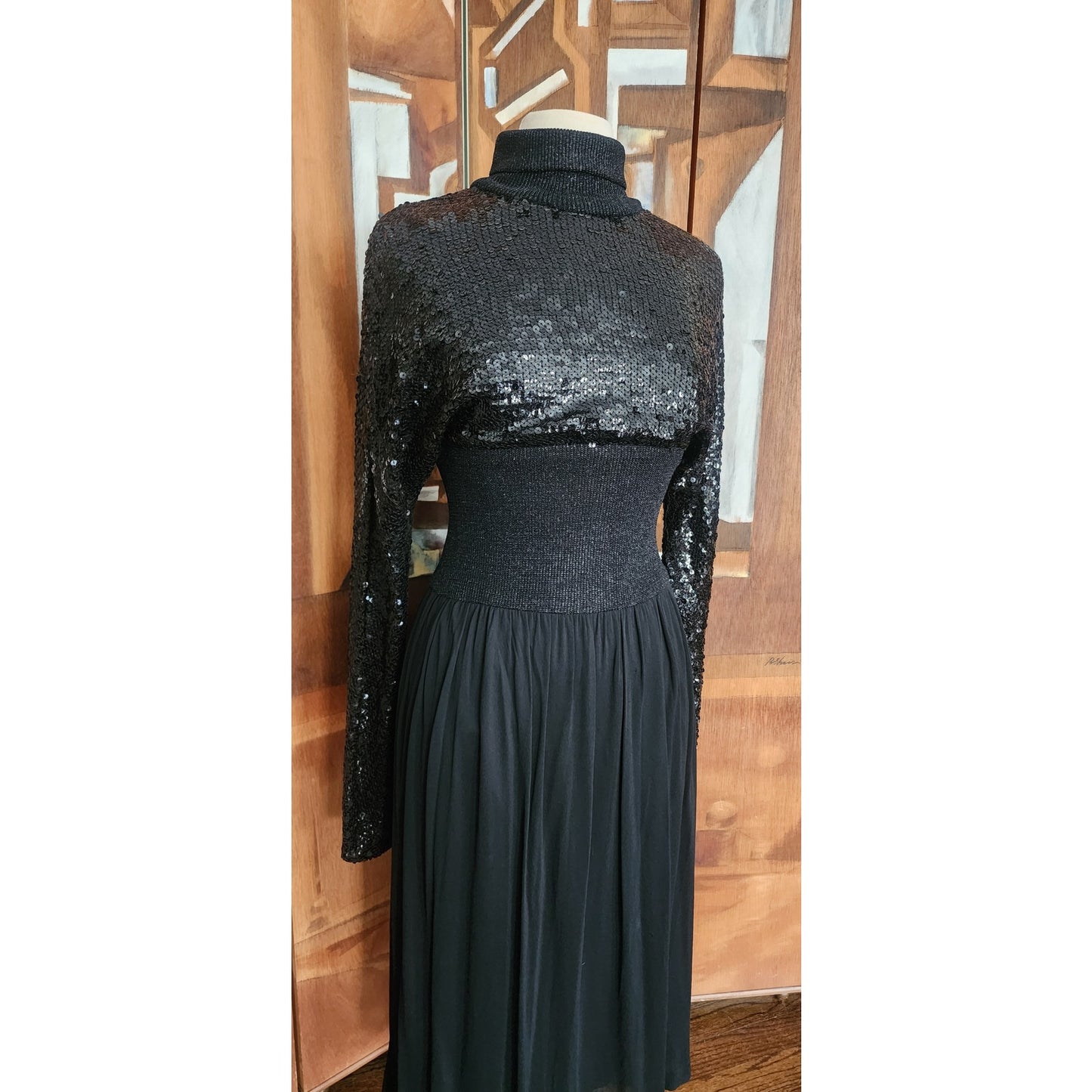 Vintage 70s Pat Sandler Dress Black Sequins, Lurex, Silk Dressy Evening Long Sleeved