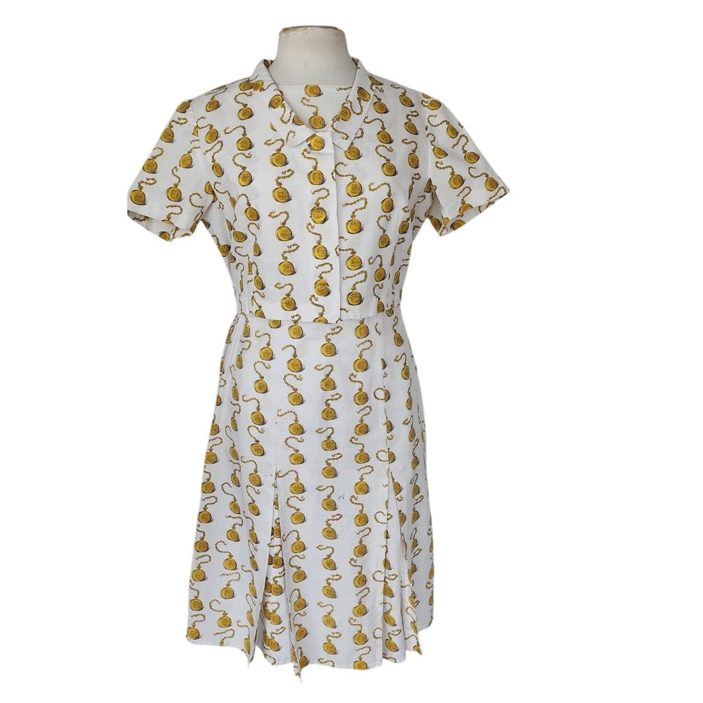 Vintage 60s Clocks Novelty Print Dress + Jacket Set Gold Pocket Watch