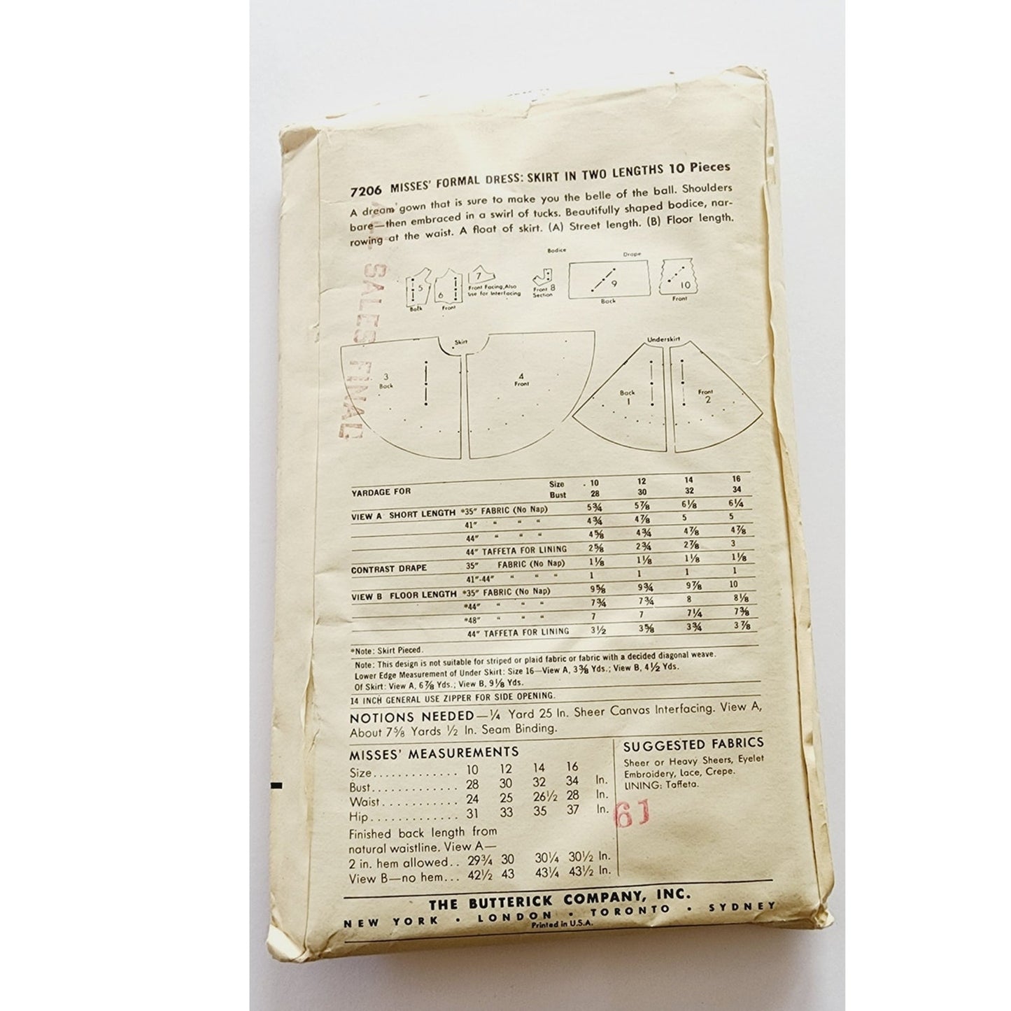 Vintage 1950s Sewing Pattern ORIGINAL: Formal Party Evening Dress Butterick 7206