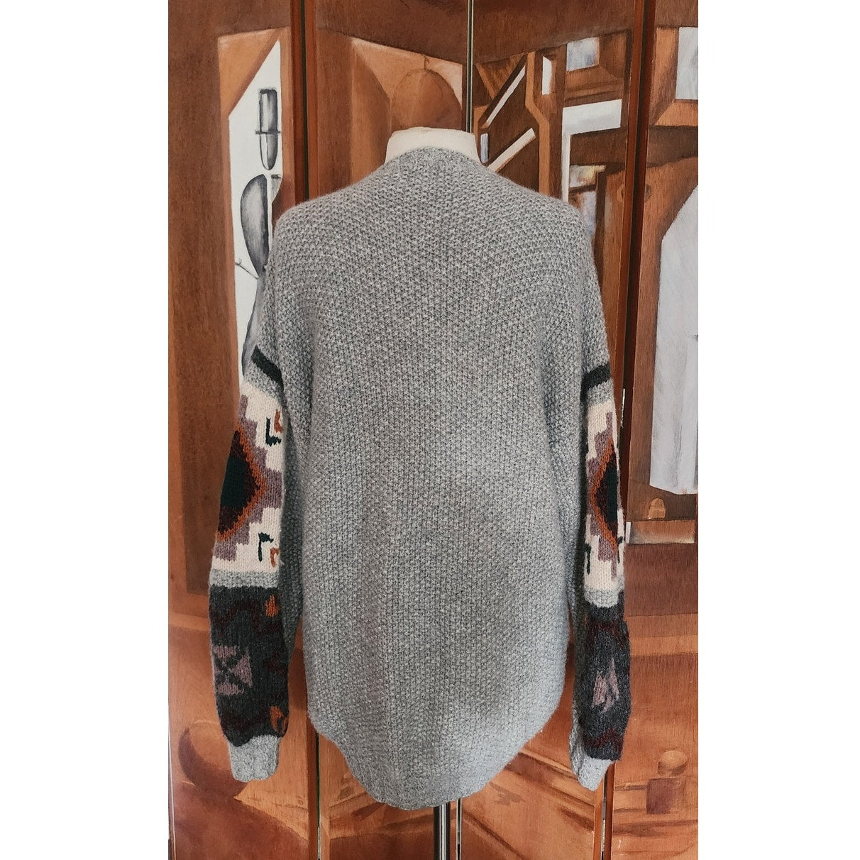 Vintage 1990s Lord & Taylor Ski Sweater Southwestern Geometric Intarsia Gray Wool