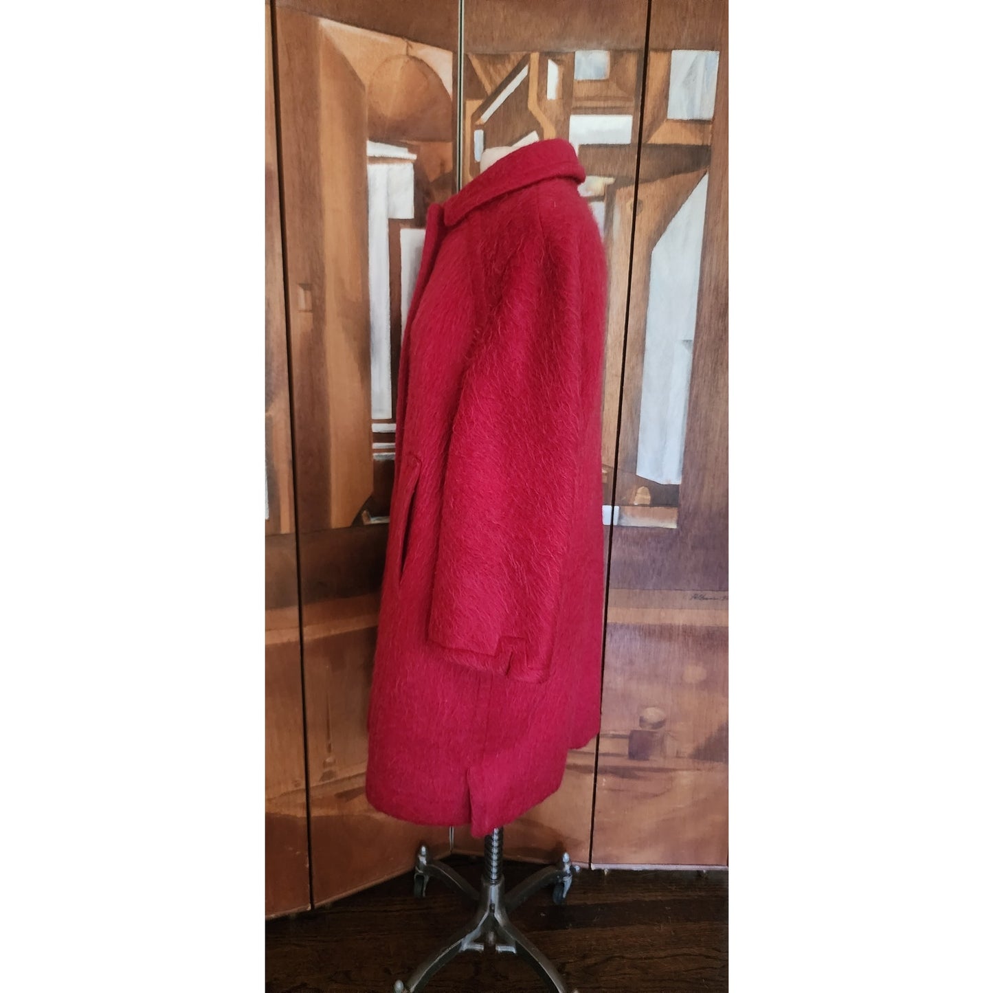 Vintage 1960s Loden Plankl Red Wool Coat Austrian Trachten Alpine Silver Fish Pin