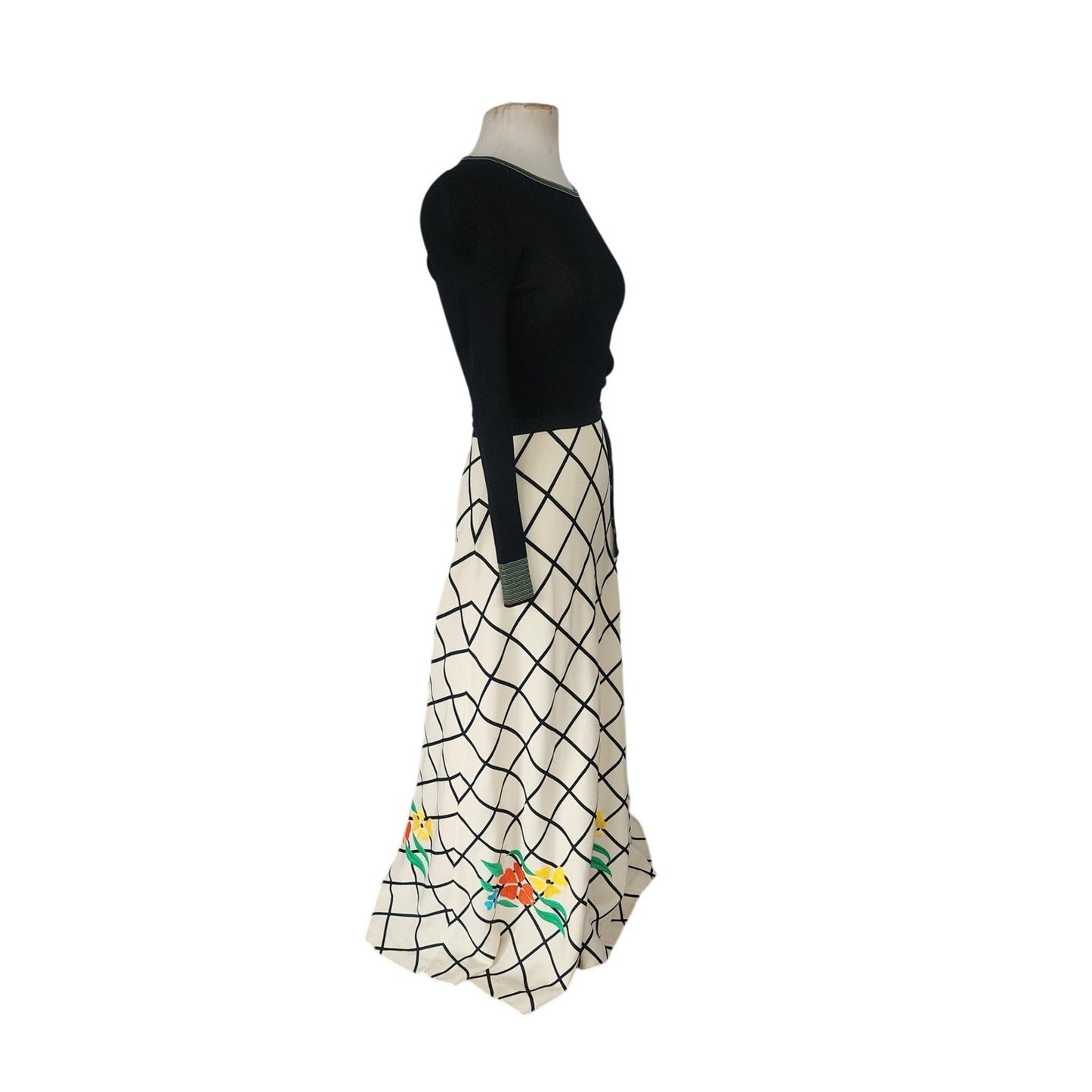Vintage 70s Boho Maxi Dress Black Knit Top Cream Windowpane Skirt Floral Crissa Italy