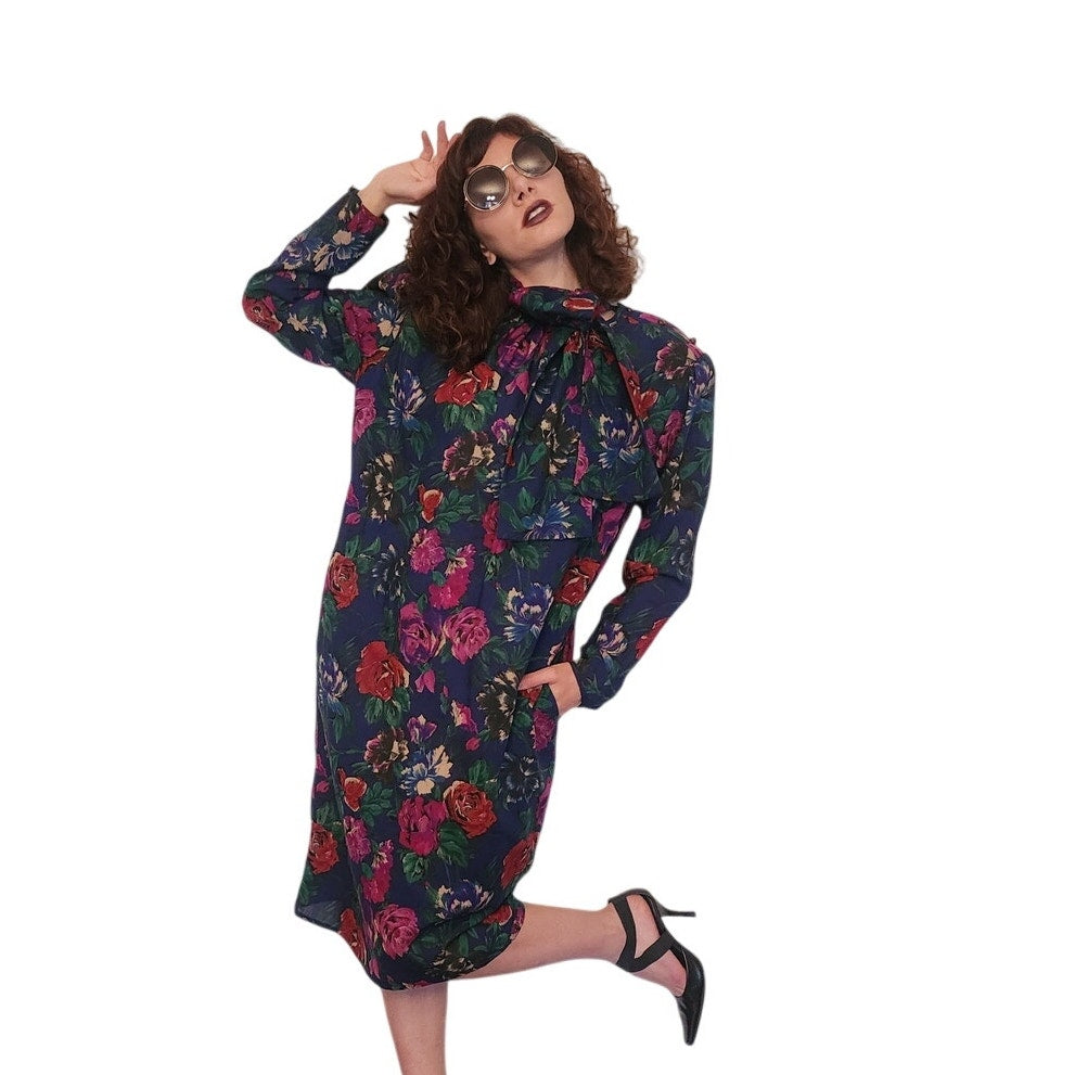 Vintage 1980s UNGARO Sac Dress Dark Floral Print Wool w/Sash Necktie / M