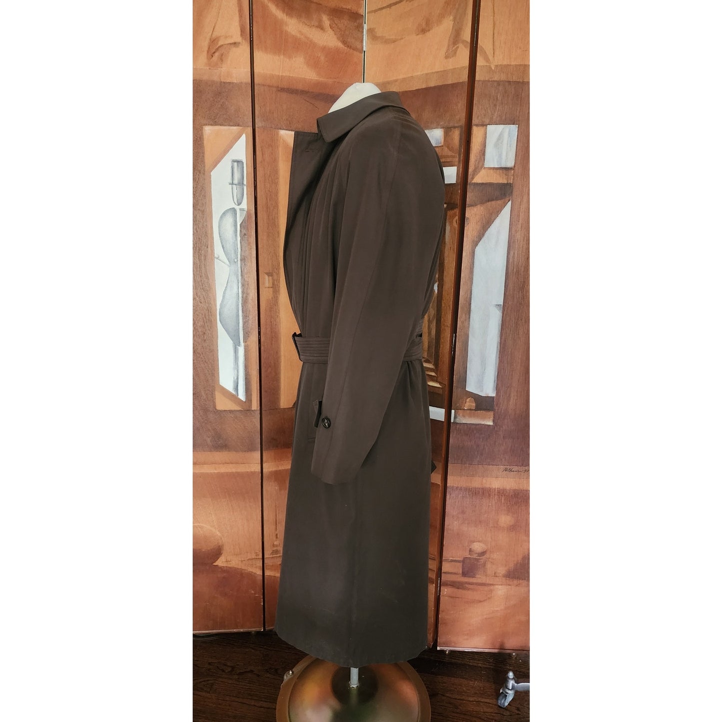 Vintage 1990s Ralph Lauren Mens Coat Brown Olive Green Trench Raincoat Large 40R