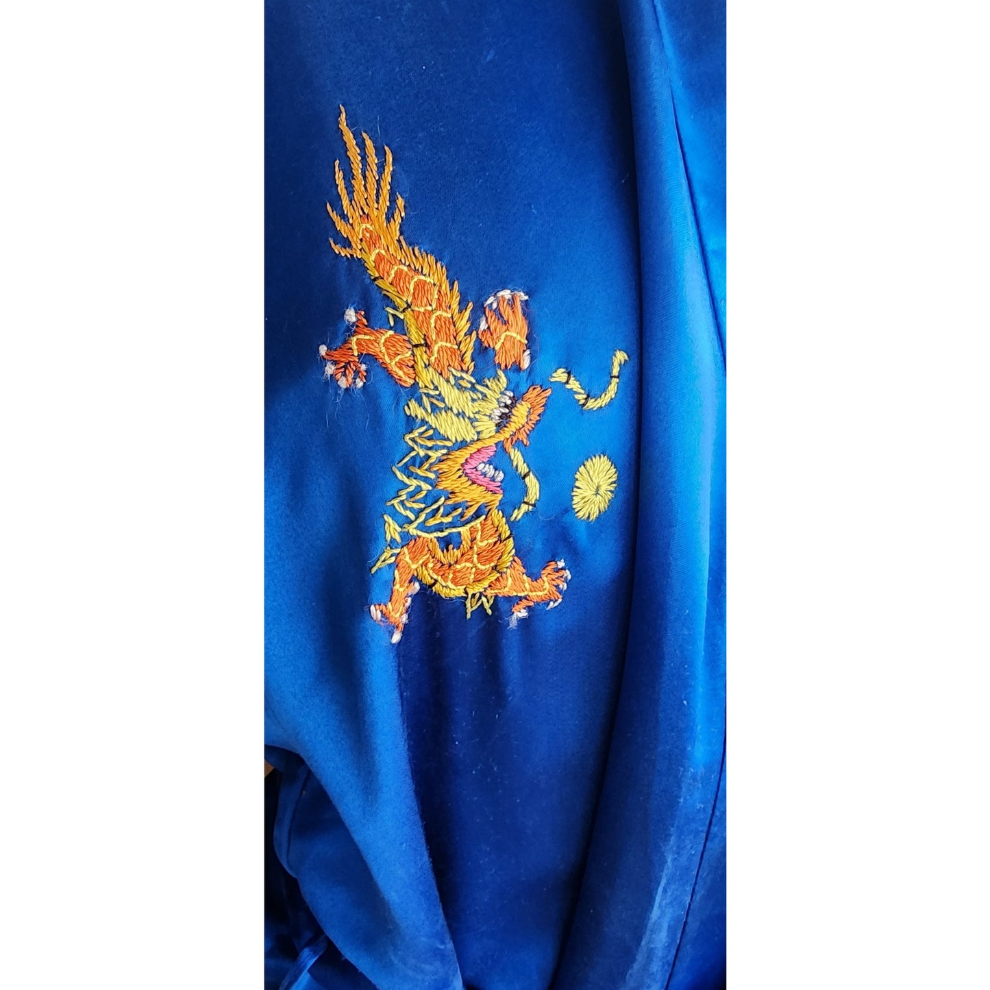 Vintage Chinese Dragon Robe Embroidered Blue Silk Esme