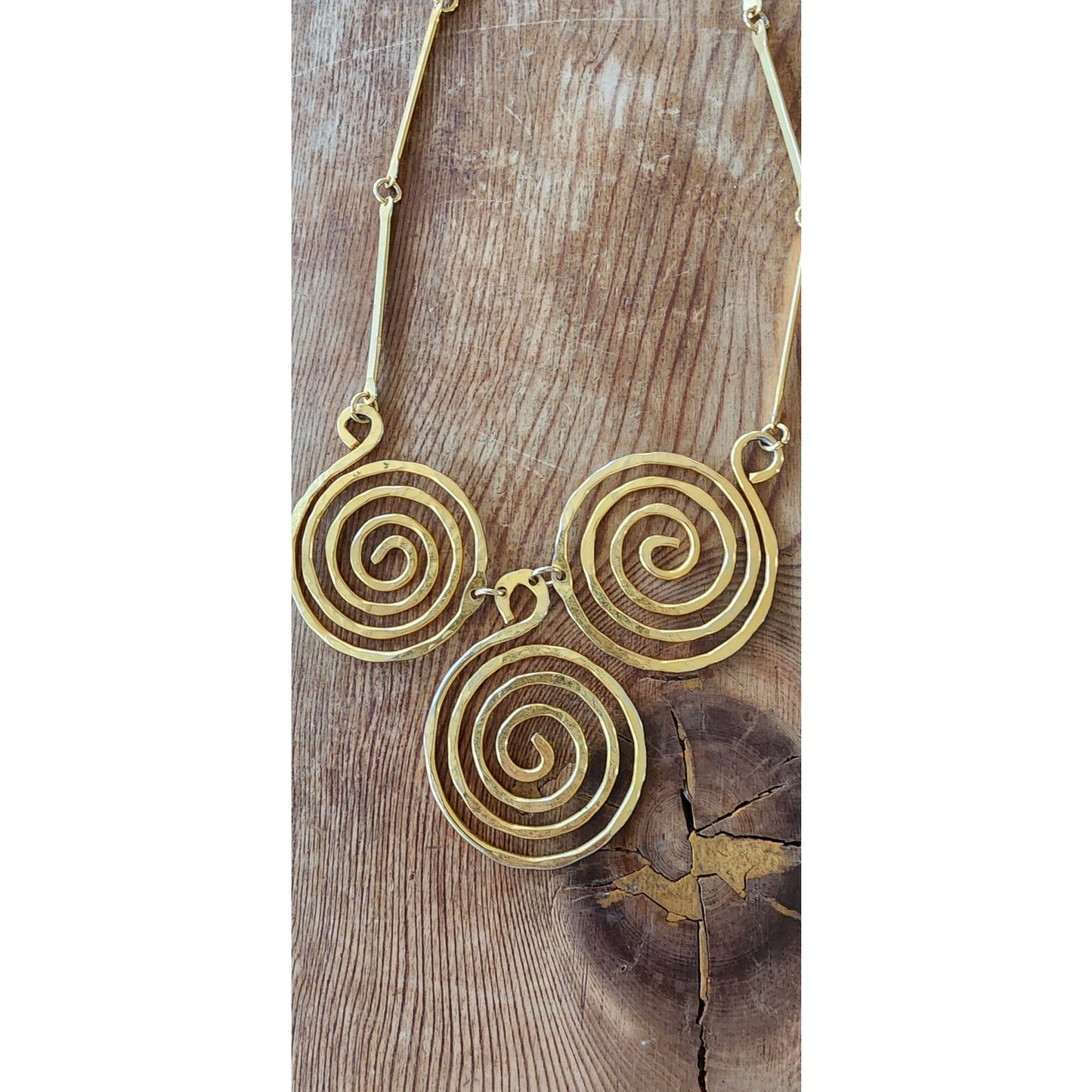 Vintage 70s Spiral Pendant Necklace Hammered Gold Greek Inspired