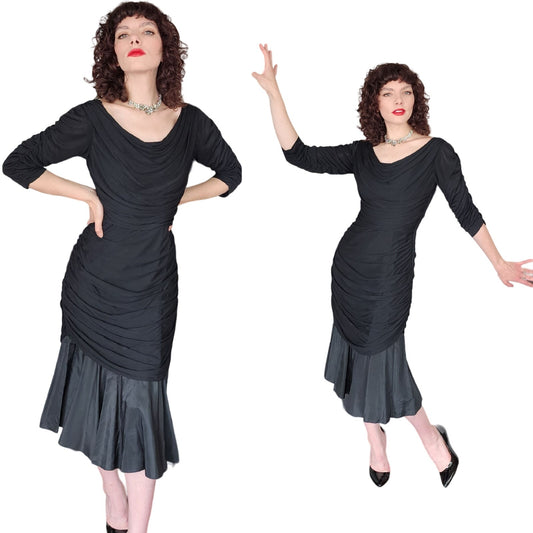 Vintage 50s Fishtail Dress Black Rayon Medium