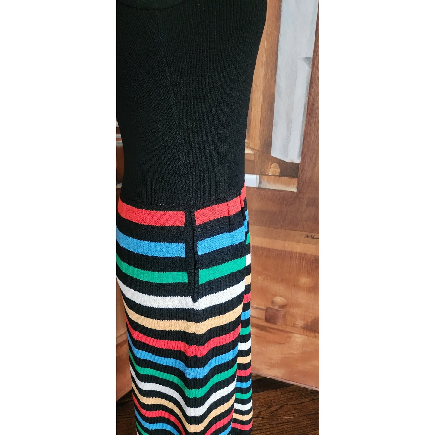 Vintage 70s St John Knit Dress + Bolero Jacket Set Black w/Rainbow Stripe