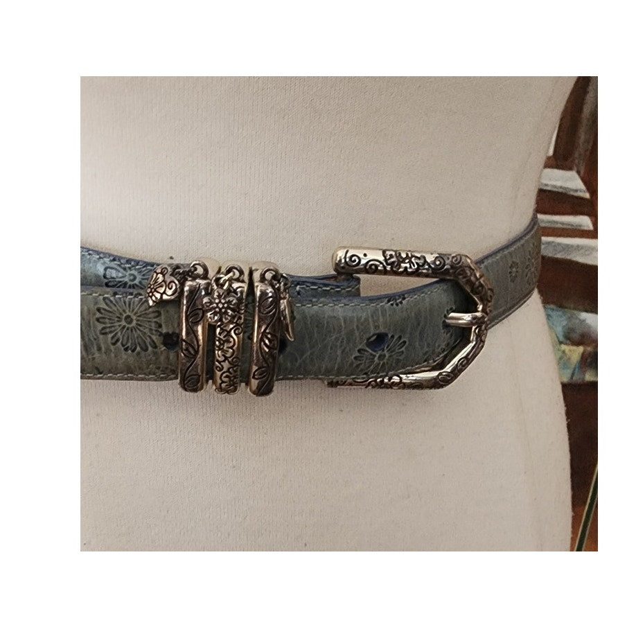 Vintage 1990s Brighton Belt Baby Blue Tooled Leather Silver Charms Waist 28