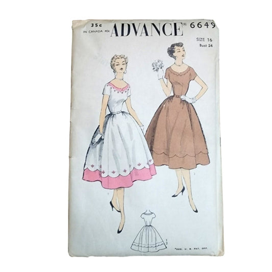 Advance 6649 Vintage 50s Sewing Pattern Misses Dress Scalloped Hem UNCUT