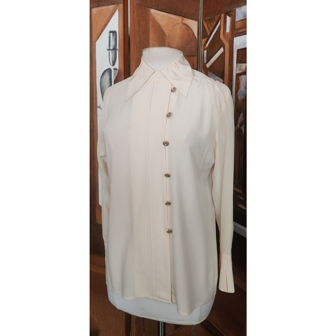 Vintage 1980s Karl Lagerfeld Blouse Cream Silk Shirt Asymmetric Button Down S