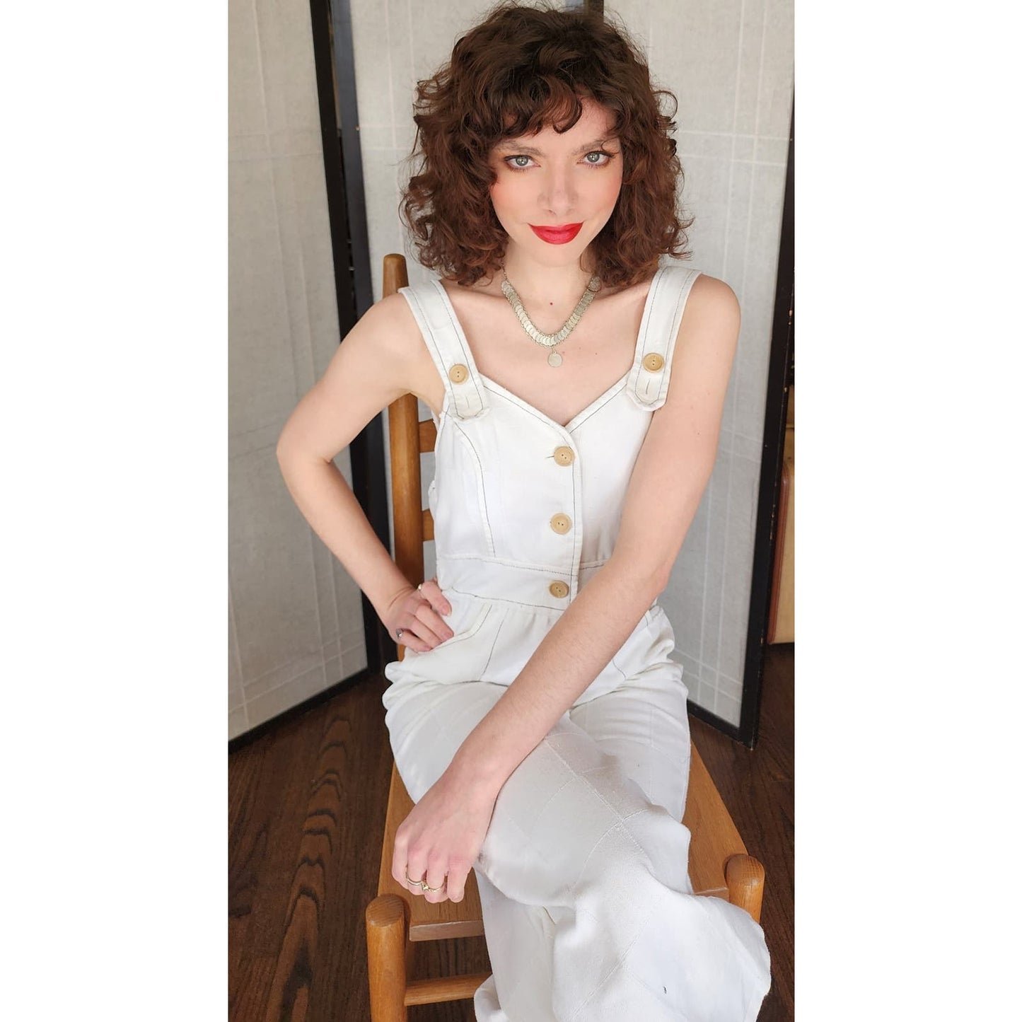 Vintage 70s Jumpsuit in White Cotton Big Pockets