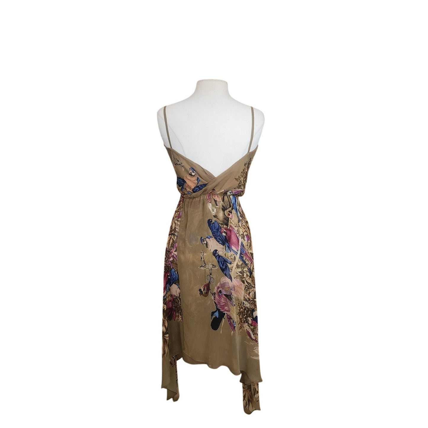 Vintage Vintage 1970s Gianni Versace Dress Silk Parrot Print Handkerchief Hem Slip Style Small