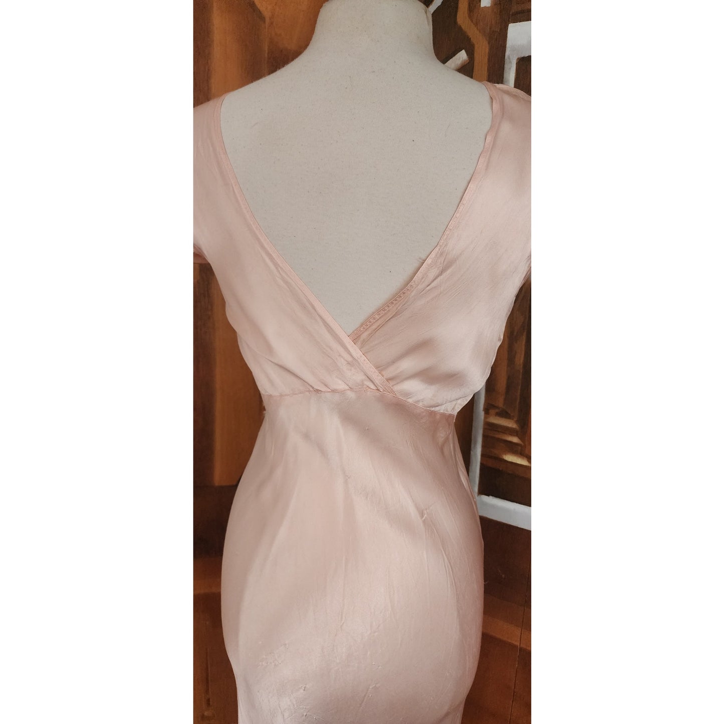 Vintage 30s Pale Pink Silk & Lace Bias Cut Nightgown Dress Long Slip Old Hollywood M