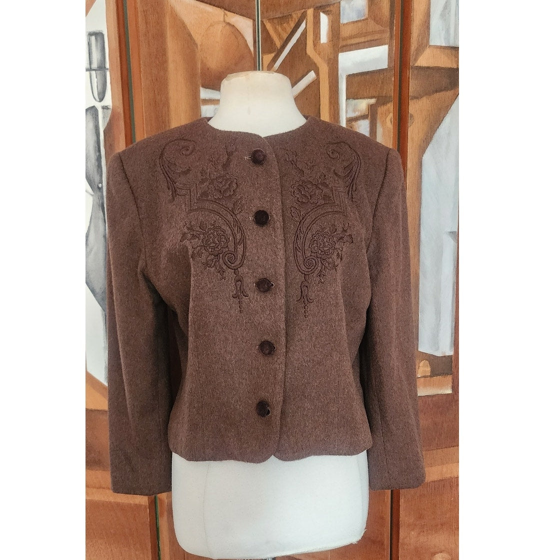 Vintage 1980s Herman Geist Blazer Embroidered Brown wool.