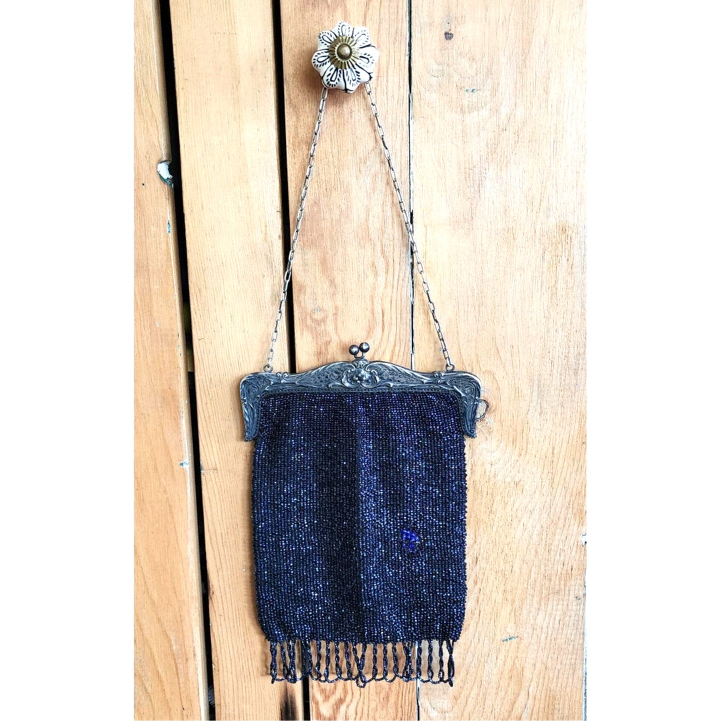 Edwardian Beaded Evening Bag Navy Blue Glass Microbeading