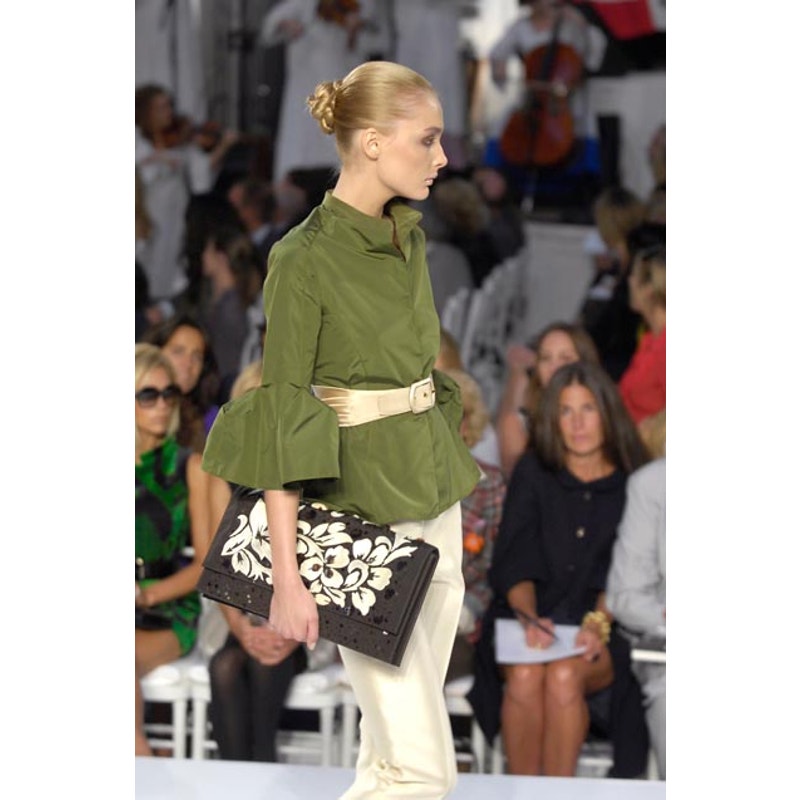 Oscar de la Renta Skirt Suit SS 2008 Green Silk Taffeta Peplum Blazer Bell Cuffs