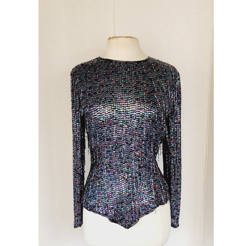 Vintage 80s Sequined Tunic Purple Blue Evening Top by Diva