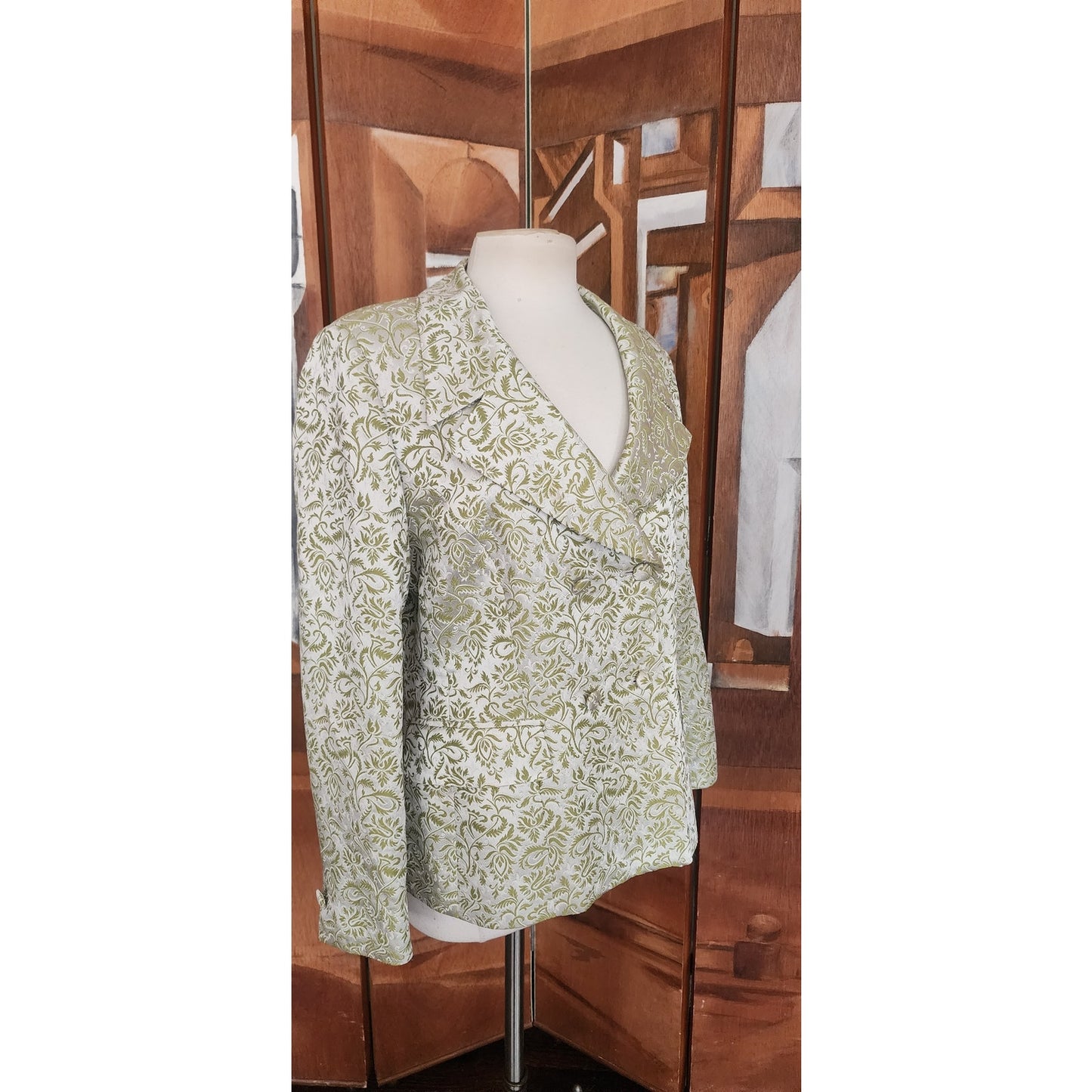 Vintage 1980s ESCADA COUTURE Blazer Green Leaf Print Jacket Double Breasted 40