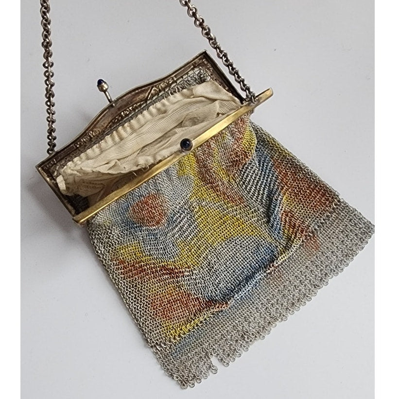 Antique 20s Mesh Bag Watercolor Pattern Art Deco Enamel Frame