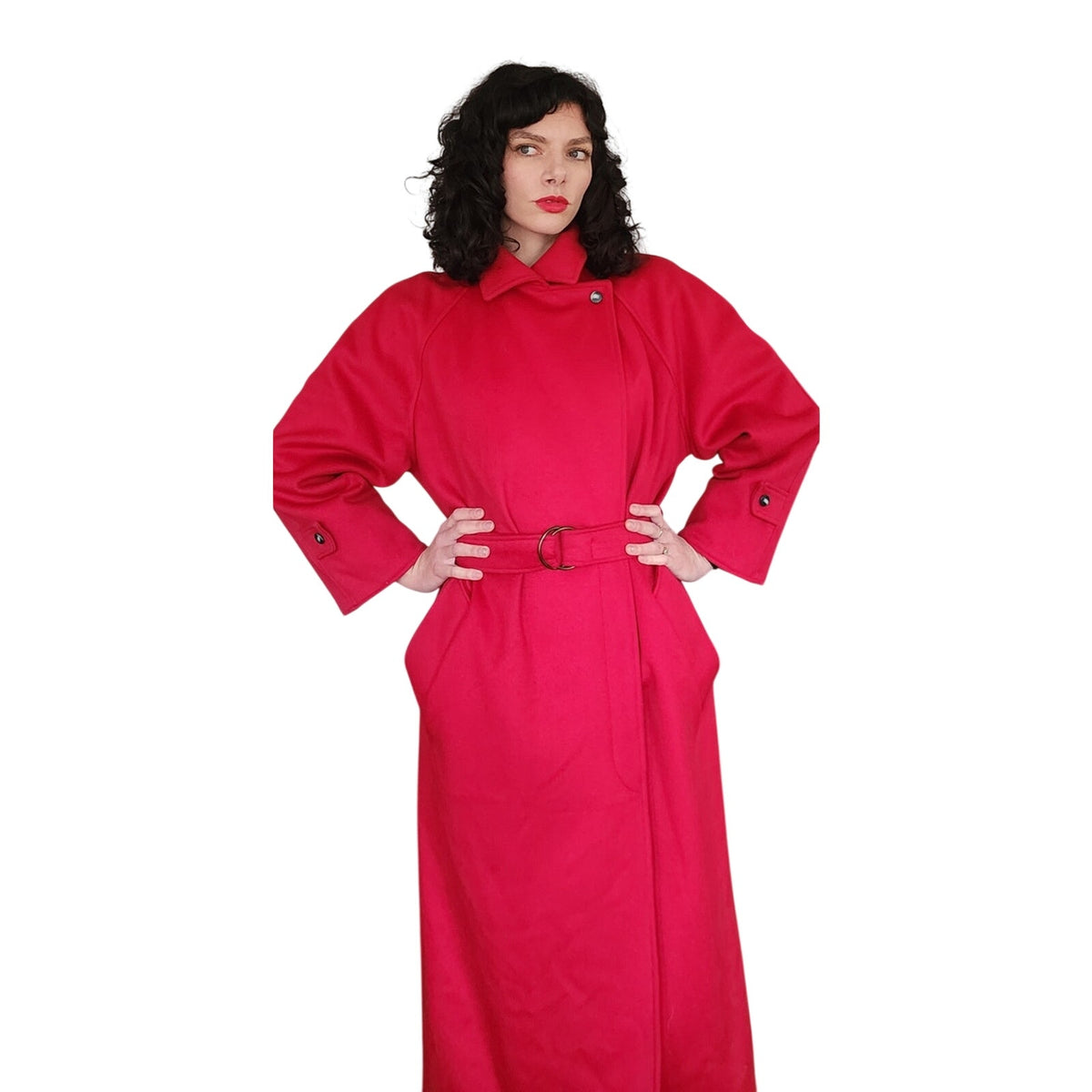 Vintage 80s Red Wool Coat Long w/Belt Ramosport Paris