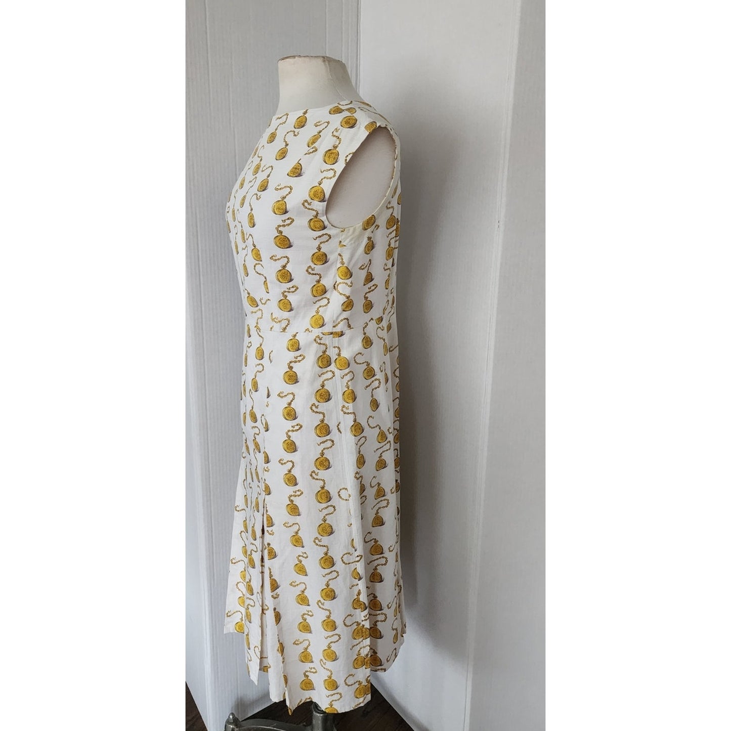 Vintage 60s Clocks Novelty Print Dress + Jacket Set Gold Pocket Watch