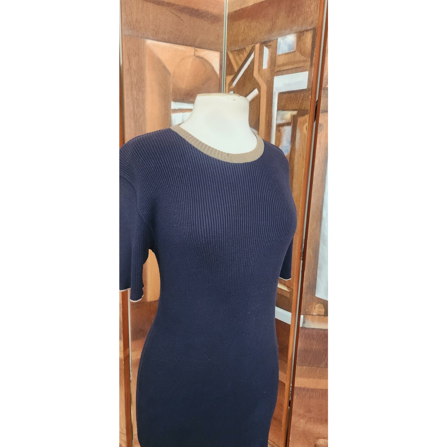 Vintage 90s D&G Dolce & Gabbana Ribbed Knit Mini Dress Blue Beige Trim
