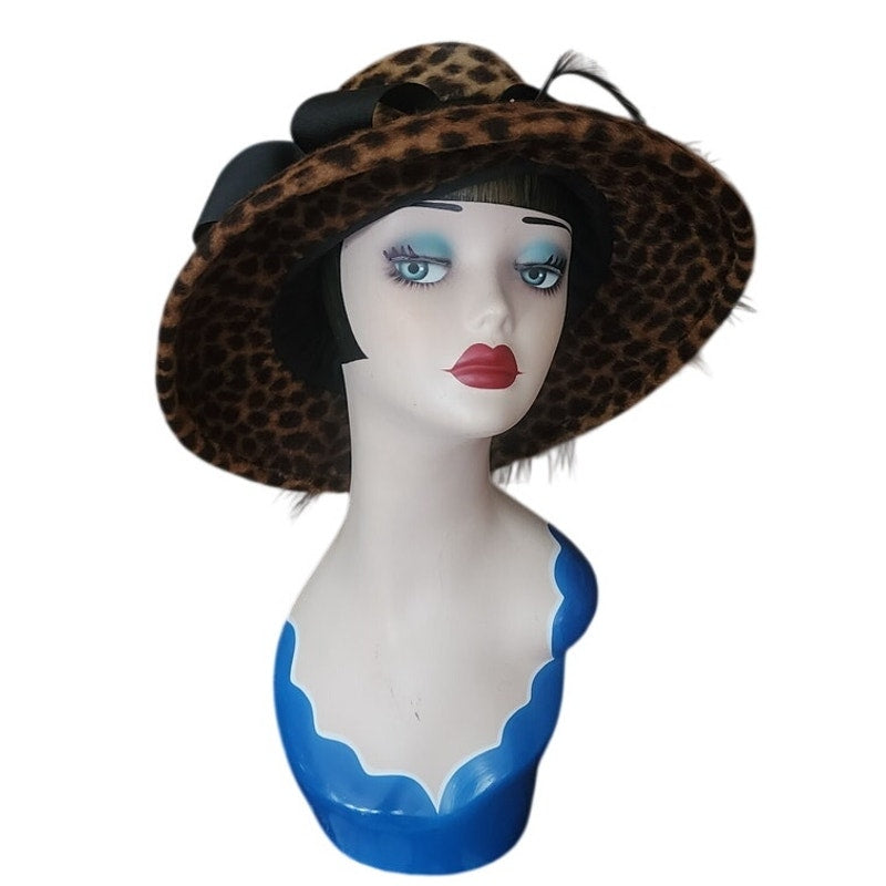 Vintage Y2K Carluci Millinery Animal Print Hat Wide Brimmed w/Bow & Feathers