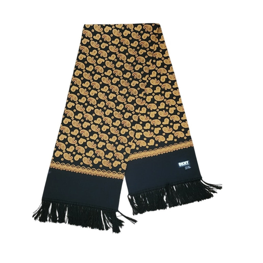Vintage 1990s DKNY Scarf Black Gold Paisley Print Silk Oblong Fringe Donna Karan
