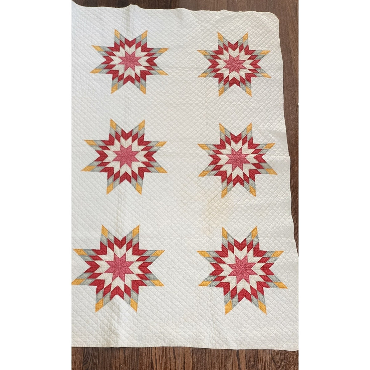 Antique American Quilt 1800s Star Of Bethlehem Cotton Turkey Red Cheddar Yellow on Ivory