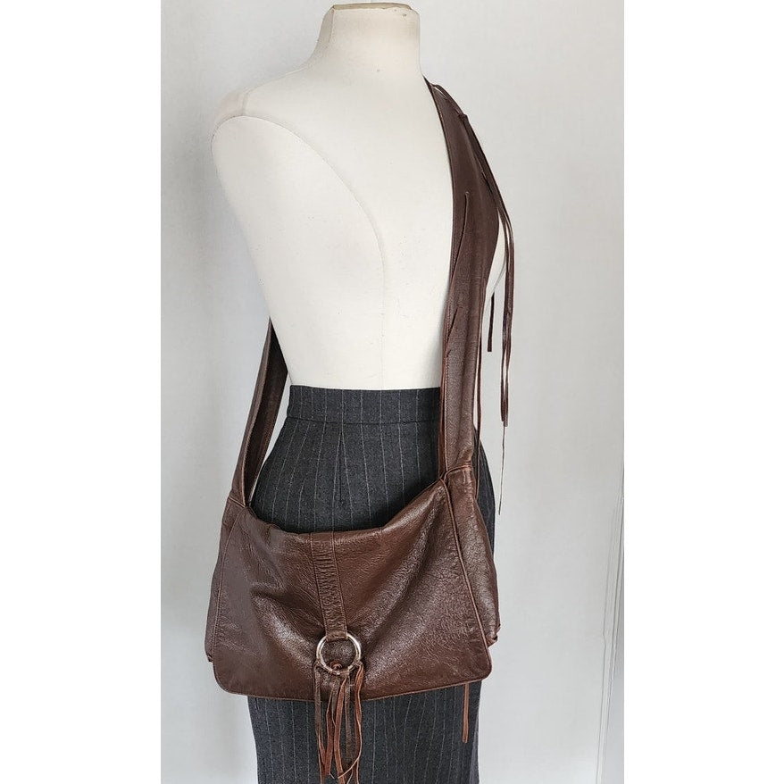 Vintage 2000s BCBG Brown Leather Shoulder Bag w/Fringe